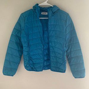 Bright Teal Blue Thin Puffy Jacket w/ Hood